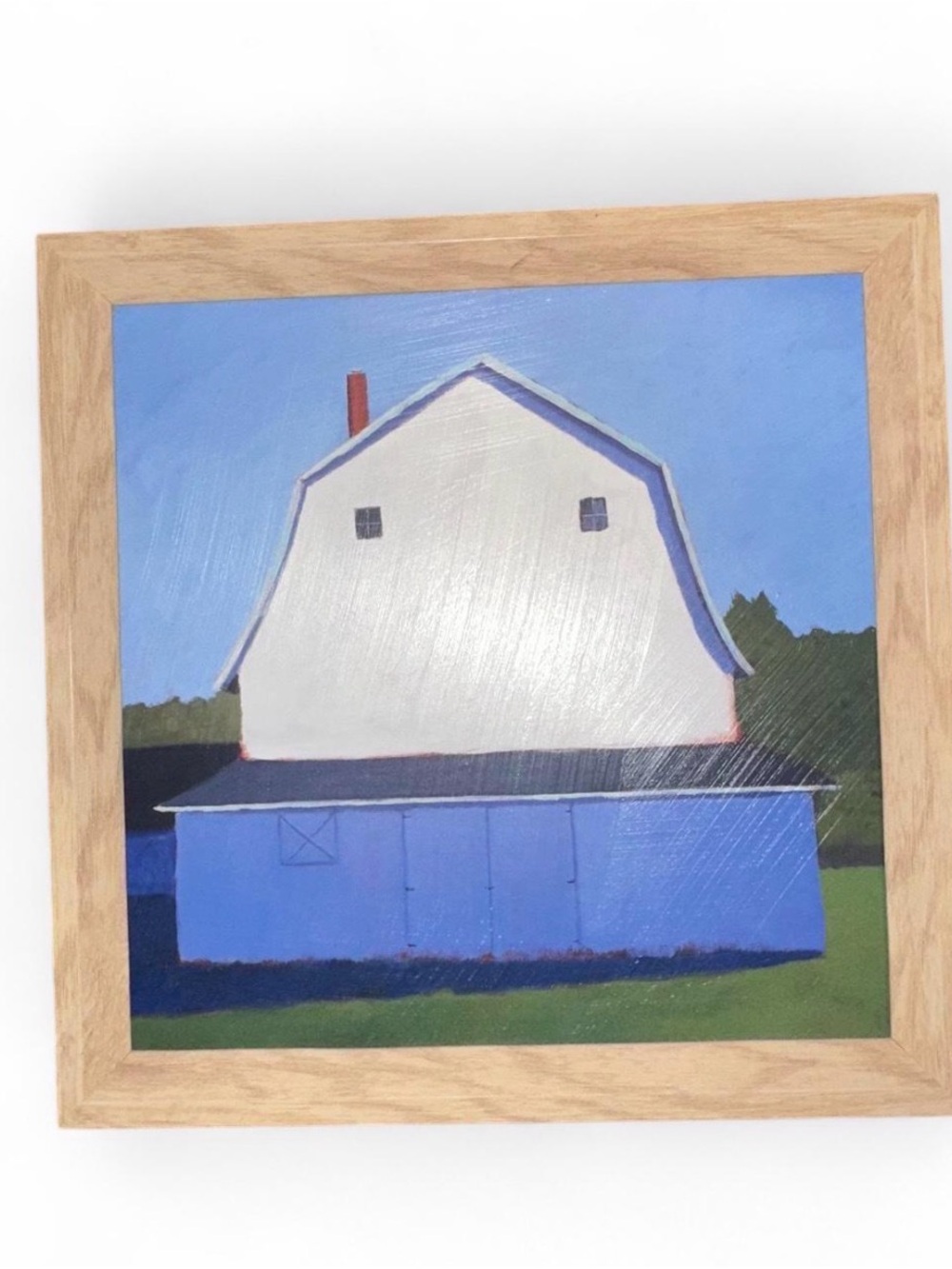 Framed Barn Landscape Painting in Blue and White Kirkland Farmhouse Decor Wall